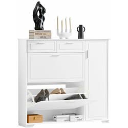 SoBuy Scarpiera con 2 ribalte, 1 vano a giorno e 1 anta, Scarpiera stretta con cassetti, Bianco, 120x26x111 cm FSR104-W