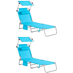 2 pezzi Lettino Prendisole Pieghevole Cuscino e Tettuccio Regolabile 4 Angoli di Reclinazione Blu OGS48-Bx2 - Sobuy