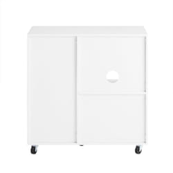 Sobuy - Cassettiera da Ufficio con Ruote, Supporto Stampante, Organizer da Scrivania, Mobiletto Contenitore con 2 Cassetti e 1 Anta in Vetro, Bianco