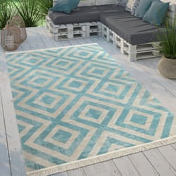 Paco Home - Tappeto Per Esterno Terrazzo Balcone Tappeto Cucina Moderno Rombi Design Con Frange 160x220 cm, Blu-Bianco