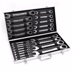 Set da 22 chiavi in una valigetta di trasporto Chiave stampata e nichelata Dimensioni lato a U: 6–32 mm Lato a cricchetto con ...