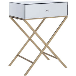 Tavolino Piano Argento Specchiato Gambe Metallo Dorato Cassetto 50 x 40 cm Vivy