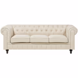 Divano da 3 persone Chesterfield in tessuto beige trapuntato. Questo divano a 3 posti in stile Chesterfield si adatta a inter ...