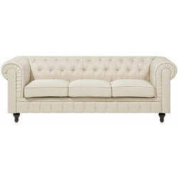 Divano a 3 Posti in Tessuto Beige con Braccioli Moderno Chesterfield