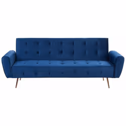 Divano letto 3 posti in velluto blu. Questo divano letto aggiunge un tocco accogliente a qualsiasi soggiorno. Rivestito in mo ...
