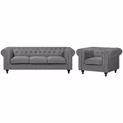 Set di divano e poltrona Chesterfield in tessuto grigio. Questo set da soggiorno in stile Chesterfield si adatta a interni da ...