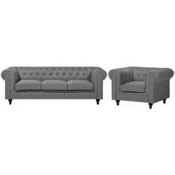 Set divano e poltrona 4 posti in tessuto grigio Chesterfield