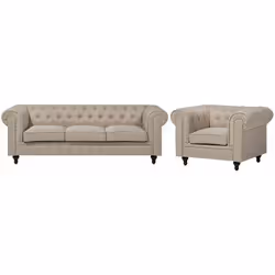 Set di divano e poltrona Chesterfield in tessuto beige. Questo set da soggiorno in stile Chesterfield si adatta a interni dal ...
