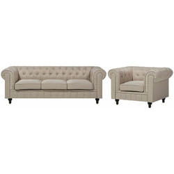 Set divano e poltrona 4 posti in tessuto beige Chesterfield