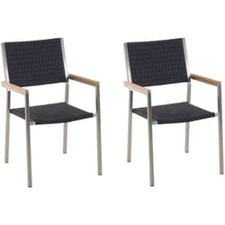 Set di 2 Sedie da Giardino in Simil Rattan Nero e Gambe in Acciaio Inox Grosseto