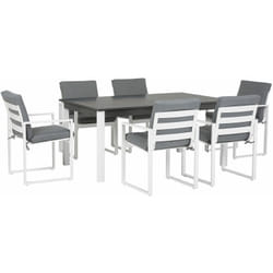 Set Giardino Tavolo Allungabile Alluminio Bianco 6 Sedie Cuscini Grigi Pancole