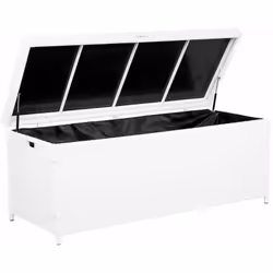 Cesta portaoggetti in polirattan bianco. Elegante e molto capiente, questa pratica cassa panca è la scelta ideale per il giar ...