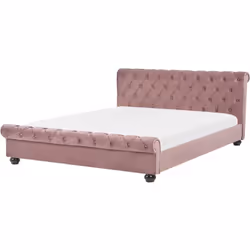 Letto matrimoniale vintage in velluto rosa. Porta il lusso in camera da letto con questo letto con rete a doghe in soffice ve ...