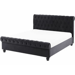 Letto Imbottito in Velluto Nero Rete a Doghe Gambe Nere 140 x 200 cm Avallon