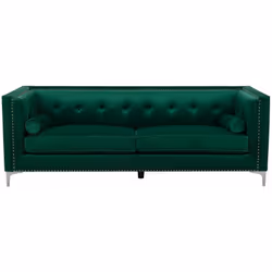 Moderno ed elegante divano di colore smeraldo con cuscini ornamentali. Porta la classe e l'eleganza in soggiorno con questo d ...