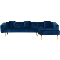 Divano Letto Angolare Sinistro in Velluto Blu Gambe Legno Chiaro Vadso