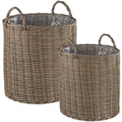 Set di 2 Cestini per Piante Rotondi in Rattan Beige Sabbia con Manici Bitola