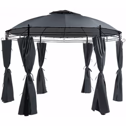 Padiglione da giardino moderno con tende beige e tetto rotondo. Perfetto per rilassarsi e godersi momenti di svago in giardin ...