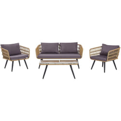 Set di Divani da Giardino in Finto Rattan Beige con Cuscini e Tavolino Fobello