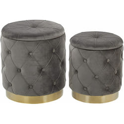 Set di 2 Pouf Contenitore Poliestere Grigi Imbottitura Trapuntata Base Oro Pueblo