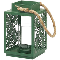 Lanterna Portacandele Metallo Verde Vetro con Foglie di Monstera 25 cm Unimak