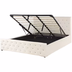 Comodo letto matrimoniale rivestito in tessuto beige. Porta l'eleganza in camera da letto con questo letto con rete a doghe i ...