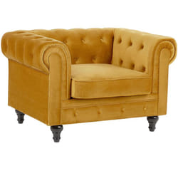 Poltrona Chesterfield Tappezzeria in Velluto Giallo Gambe in Legno Nero Chesterfield