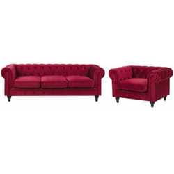 Set da Salotto Divano + Poltrona Chesterfield Velluto Rosso Gambe Nere Chesterfield