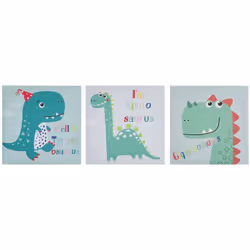 Set di 3 stampe da parete su tela con dinosauri. Questo set di tre adorabili stampe su tela è un ottimo complemento per la ca ...