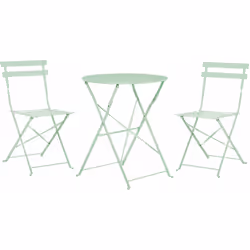 Set da balcone Verde Menta per due persone. Questo versatile set bistro da esterno in acciaio, comprende due comode sedie e u ...