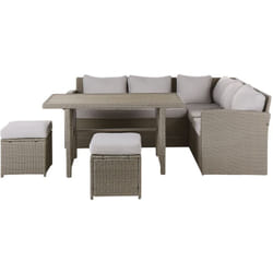 Set da giardino 5 posti in rattan sintetico taupe divano angolare tavolo 2 pouf cuscini grigi Bardi