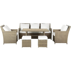 Set da giardino 5 posti in rattan sintetico marrone divano 2 poltrone tavolo 2 pouf cuscini bianchi Fonti