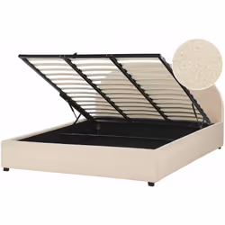 Letto matrimoniale con contenitore in tessuto beige. Aggiungi un tocco retrò in camera da letto con questo letto con rete a d ...