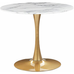 Tavolo da Pranzo Tondo 90 cm effetto marmo bianco Base in Metallo dorato per Cucina 4 Posti Boca
