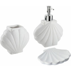 Set di 3 Accessori Bagno in Ceramica bianca dispenser sapone porta sapone portaspazzolini Shell
