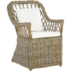 Poltrona da giardino in rattan naturale con cuscini in cotone bianco Maros