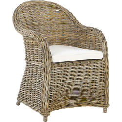 Poltrona da giardino in rattan naturale con cuscini in cotone bianco Susua