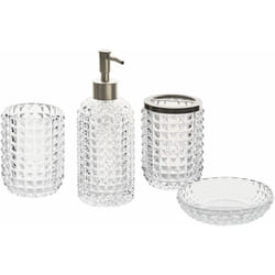 Set di 4 Accessori Bagno in vetro trasparente e argento dispenser sapone porta sapone bicchiere Tapia