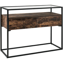 Tavolo consolle moderno piano in vetro struttura in metallo con 2 cassetti in legno scuro Mauk