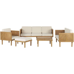 Salotto da giardino 6 posti legno di acacia con cuscini beige chiaro Baratti