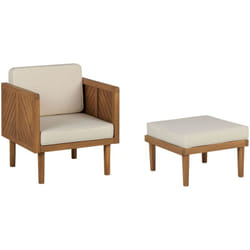 Poltrona con poggiapiedi legno di acacia e cuscini beige chiaro Baratti