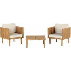 Set bistrot da esterno 2 poltrone e tavolino legno di acacia e cuscini beige chiaro Baratti