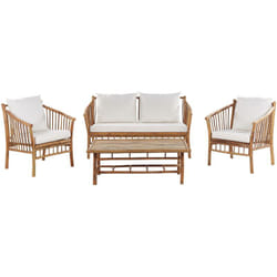 Set da giardino 4 posti legno di bambù chiaro cuscini bianchi e tavolo Maggiore