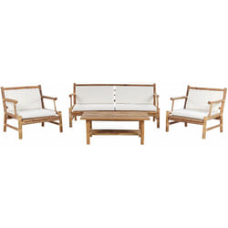 Set da giardino 4 posti legno di bambù chiaro cuscini bianchi e tavolo Riccione