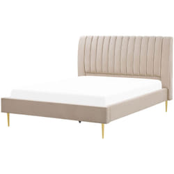 Letto imbottito velluto beige sabbia e oro rete a doghe testiera alta 180 x 200 cm Marville