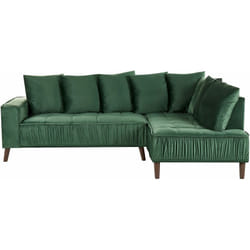 Divano angolare velluto verde scuro metallo effetto legno e cuscini Grena