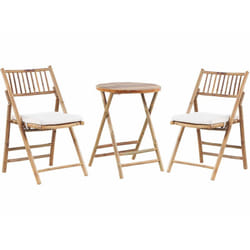 Set da giardino tavolino e 2 sedie in bambù naturale e cuscini bianchi Savalletri