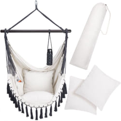 Amaca a Poltrona max. 150 kg Boho Style Cotone Naturale Intrecciato Macramè Portabevande 2 Cuscini xl Altalena da Giardino Crema - Detex