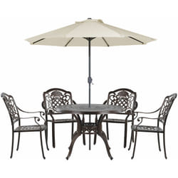 Set da Pranzo da Giardino Tavolo 4 Sedie e ombrellone Alluminio Marrone Salento