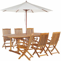Set da Giardino Tavolo in Legno di Acacia Chiaro 6 Sedie Pieghevoli e ombrellone Maui